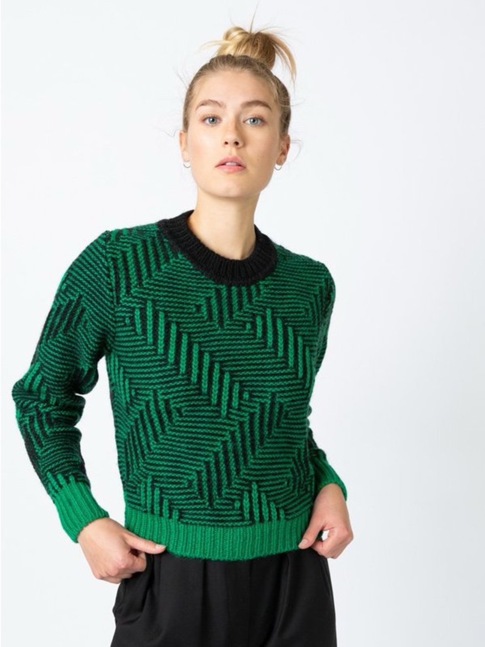 Tela Statua Sweater Green Black XS Wool Blend Retro 80s